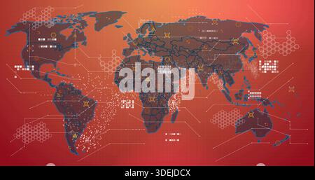 Displaying stylized world map animating on digital dashboard, showing data points, node markers Stock Photo
