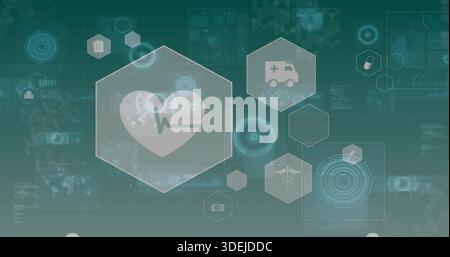 Displaying central hexagon showing heart with ECG on healthcare dashboard, with ambulance, caduceus Stock Photo