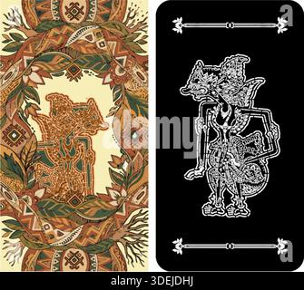 Traditional Indonesian Wayang Kulit art set. Vector illustration of Javanese shadow puppet character featuring a colorful ethnic floral design and a b Stock Vector