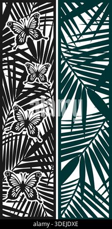Tropical nature decorative screen design. Palm leaf and butterfly stencil patterns for architectural or interior decoration Stock Vector