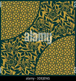 Decorative laser cut panel design featuring mixed geometric lattice and floral butterfly patterns Stock Vector