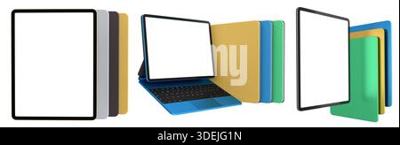 Multiple black-framed digital tablets stacked with colorful sheets, isolated on white background, concept of technology and modern devices Stock Photo