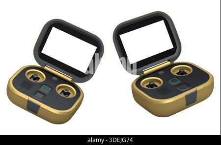 Flying photo and video yellow drone remote on white background. 3D rendering of device for delivery or aerial photography Stock Photo