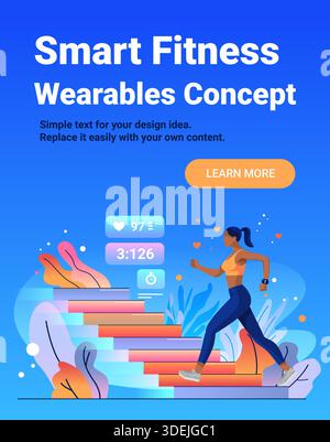 Smart fitness wearables concept woman running stairs health data smartwatch colorful background website banner Stock Vector