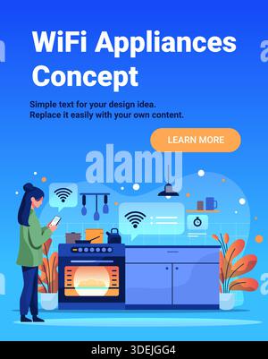 WiFi appliances concept smart kitchen woman controls oven smartphone modern home interior blue background plants cooking utensils web banner Stock Vector