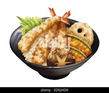 Premium realistic hand-drawn watercolor illustration of Tendon or tempura donburi, a Japanese rice bowl topped with crispy shrimp tempura and assorted Stock Photo