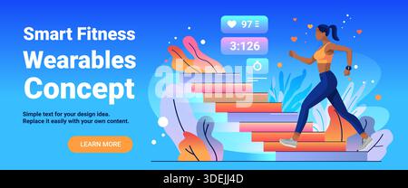Smart fitness wearables concept woman running stairs activity tracker heart rate timer modern gradient background website banner Stock Vector