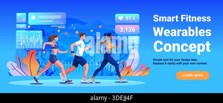 Smart fitness wearables concept people running outdoor activity health tracking data charts modern technology blue background website banner Stock Vector