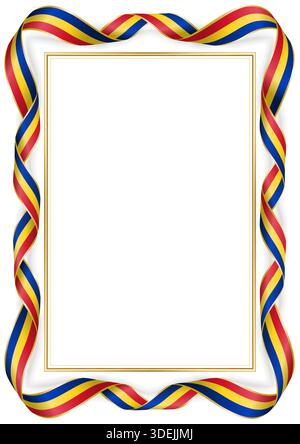 Frame with Romanian flag colors ribbons and gold border. Decorative twisted ribbons surround blank center, perfect for certificates, invitations, or a Stock Vector