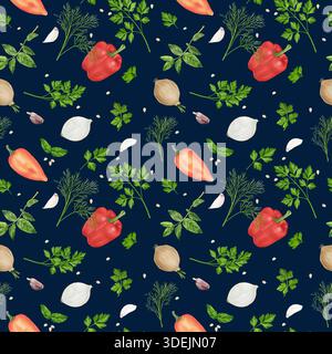 Vegetables and kitchen herbs on seamless pattern. Watercolor illustration. Peppers and onions, parsley and dill isolated on blue background. For postc Stock Photo