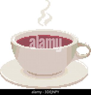 Cup of tea in pixel art style. Pixelated hot steamy cup of tea or coffee beverage. Hot drink mug in retro bit game art style. Vector illustration Stock Vector