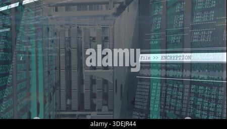 Displaying server rack showing blade servers, cables in data center, overlaying File  ENCRYPTION Stock Photo