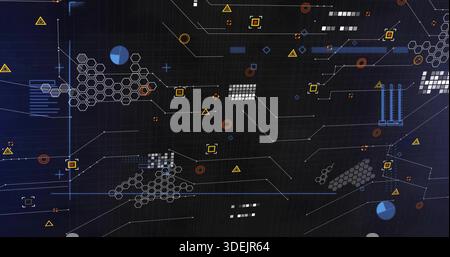 Displaying abstract network schematic on dark dashboard with hex clusters, node glyphs, pie charts Stock Photo