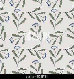 Blue berries doodle twigs pattern, on winter light gray background. Hand drawn branches, boho style. Vector illustration Stock Vector