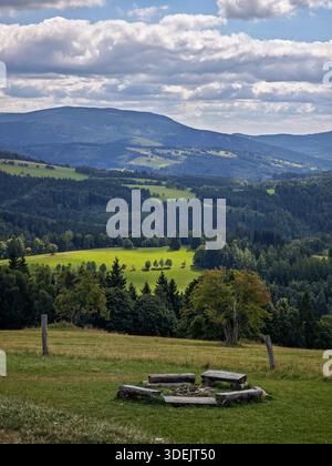 Rustic campfire site with stone ring and wooden logs in a green meadow. Stock Photo
