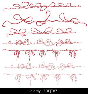 Red bows and ribbons, hand-drawn borders. Vector illustration. Festive bows isolated on a white background. For holidays, Valentine's Day, greeting ca Stock Vector
