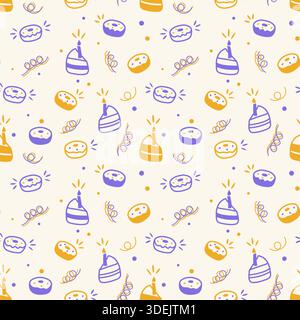 Birthday greetings doodle pattern of donuts and cake slices with candle, purple and gold doodle outlines and silhouettes. Vector illustration Stock Vector