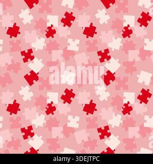 Pink and red puzzle piece pattern, delicate romantic seamless background, Valentines Day, birthday. Packaging, wallpaper, background, and backing. Vec Stock Vector