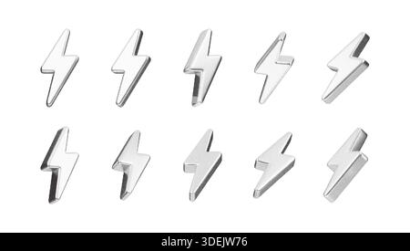 Lightning bolt symbol in 3D style with grunge halftone texture. Energy icon featuring thunder graphic with grain effect and vintage pop art aesthetic Stock Vector
