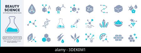 Skincare ingredient glyph icon set. Molecule, vitamin, serum, collagen, crystal minimal vector illustrations. Duotone flat pictogram for cosmetic and Stock Vector