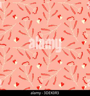 Romantic floral pattern featuring doodle of twigs with red berries on pink background. Perfect for weddings, Valentines Day, intimate occasions, and W Stock Vector