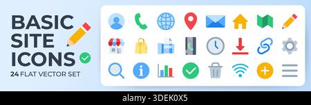 Web and communication flat icon set. User, phone, mail, location, home colorful vector illustrations. Vibrant solid shapes for contact us, basic ui Stock Vector