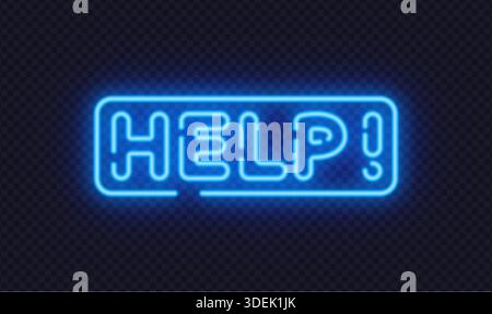 Blue neon help sign in minimal vector design, suitable for support services and guidance messages. Clear glow improves visibility in dark scenes. Stock Vector