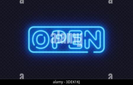 Blue neon open sign in clean vector style, perfect for shops, cafes, and service locations. Cool glow creates welcoming night visibility. Stock Vector