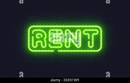 Green neon rent sign with rounded frame, created for real estate ads and property offers. Fresh glow signals availability and opportunity. Stock Vector