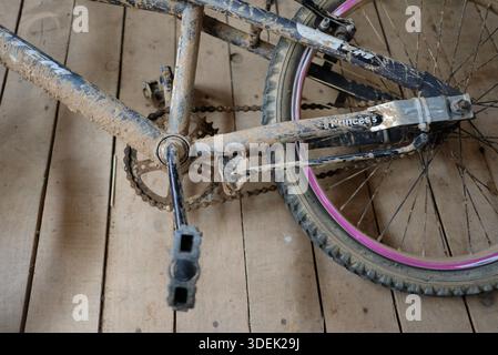 A close-up colour photograph of a young girl's muddy bicycle resting against a wooden background with soft shadows. Stock Photo