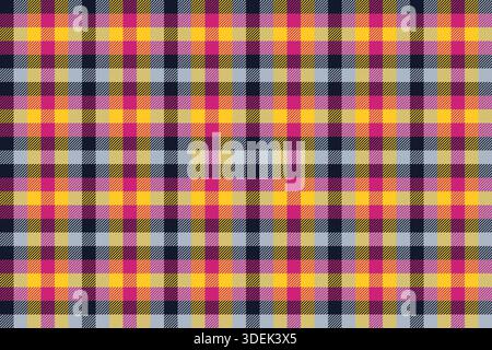 Pink orange black grey colorful check textile texture. Vector illustration with seamless tartan plaid print. Retro style fashion background. Seamless Stock Vector