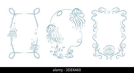 Sea life doodle frames set isolated on white background. Vector illustration of blue line borders with turtle, jellyfish, shell, elegant decoration for aquarium, resort banner, seafood restaurant menu Stock Vector