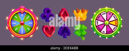 Fortune wheel and casino slot machine icons set isolated on background. Vector cartoon illustration of jackpot roulette, poker card suits, golden crown, lucky clover leaf, 3d lottery winner symbols Stock Vector