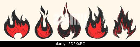 Hand drawn doodle fire icons set isolated on background. Vector cartoon illustration of abstract red and black flame sketches, hot food, chili pepper or burning heat symbol, line art tattoo design Stock Vector