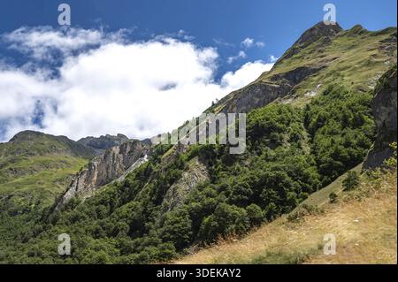 A view downhill from the D934 pass road shows the steep, wooded flanks and rugged limestone walls of the Vallee d-Ossau under a cloudy summer sky as y Stock Photo