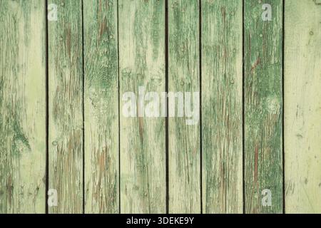 Old weathered faded paint wooden board garden wall closeup as green grunge background Stock Photo