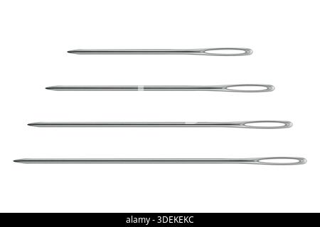 Vector 3d Realistic Stainless Steel Sewing Needles Set in Four Sizes. Large Eye Hand Stitching and Darning Needles Isolated. Tailoring Embroidery Stock Vector