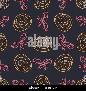 Hygge cinnamon rolls doodle icons seamless pattern. Cozy rustic pastry line art wallpaper Stock Vector
