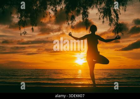 Silhouette of a person standing in a yoga pose on a beach at sunset, with the sun low over the sea, dramatic clouds, and tree branches framing the sce Stock Photo
