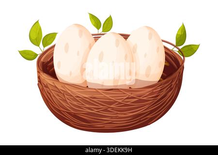 Bird nest with bird eggs isolated. Nest from sticks, branches decorated leaves. Forest bird home. Spring new life. . Vector illustration Stock Vector