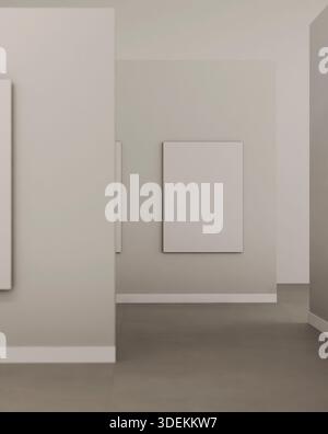 Empty gallery exhibition interior. Blank picture on white room wall background. Mockup template design. 3d render. Stock Photo