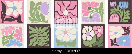 Abstract Groovy Flowers. Folk art. Contemporary posters and background collection. Organic colorful Hand Drawn doodle shapes in trendy naive retro hip Stock Vector