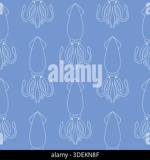 Squid seamless pattern in line art style. Undersea animal silhouette for summer theme design on blue background. Stock Vector