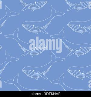 Humpback whale seamless pattern in line art style on a blue background. Undersea animal wallpaper for summer beach design. Stock Vector