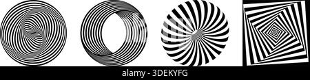 Set of striped figures with optical illusion effect isolated on white background. Circle, ring, torus and square shapes with dynamic vortex texture Stock Vector