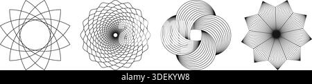 Set of concentric ornaments. Graphic flower shapes. Collection of garmonic symmetric wireframe elements. Spirograph or guilloche templates isolated on Stock Vector