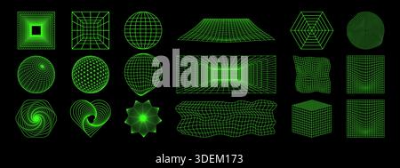 Set of different neon green wireframes isolated on black background. Modern futuristick, cyberpunk or techno grids. Circle, square, cube and room Stock Vector