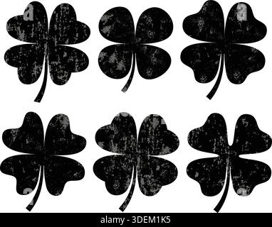 Black vector four leaf clover silhouettes with texture for cards, Saint Patrick's day designs and icons Stock Vector