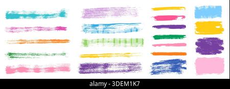 Vector set with colorful grunge paint brush strokes, thick and thin grainy crayon, charcoal lines with noise texture for kids and baby designs Stock Vector