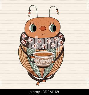 Cute hand drawn bug creature holding a coffee cup, fun animal design for decor for kids and babies Stock Vector